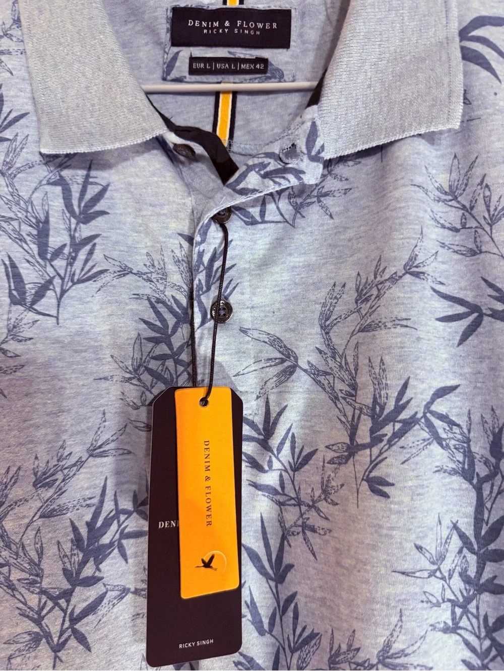 Denim & Flower Light Blue Polo with Navy Leaf Print